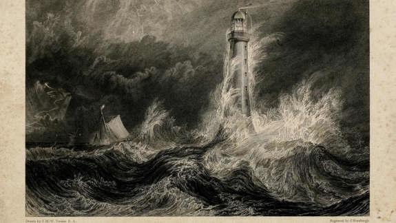 Lighthouse in a storm with crashing waves and a ship struggling nearby; dark clouds overhead.