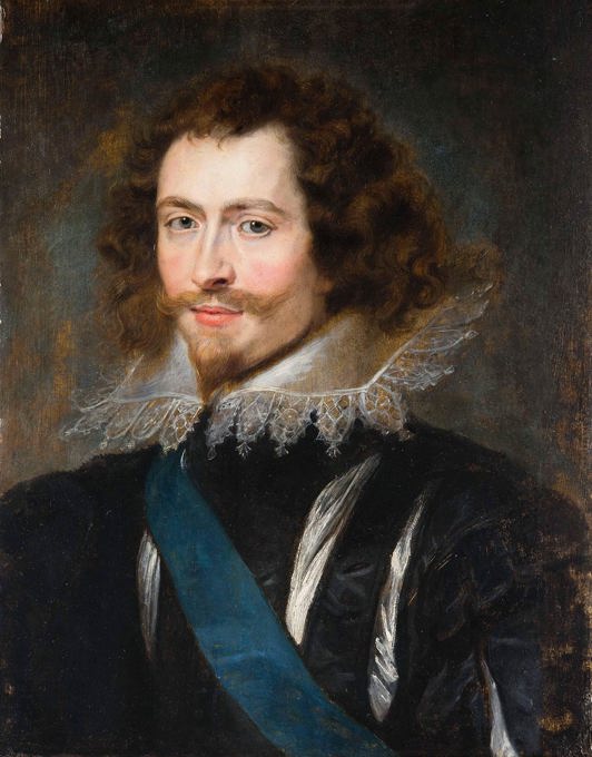 A painted portrait of a man wearing 16th century clothing, including an ornate ruff and a blue sash.