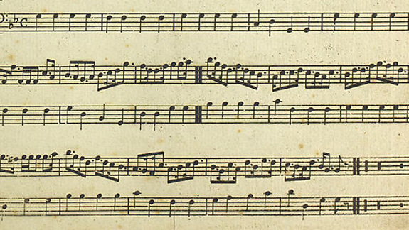 Sheet of classical-style music with five staves of notation, featuring clefs, notes, and rests in a complex arrangement.