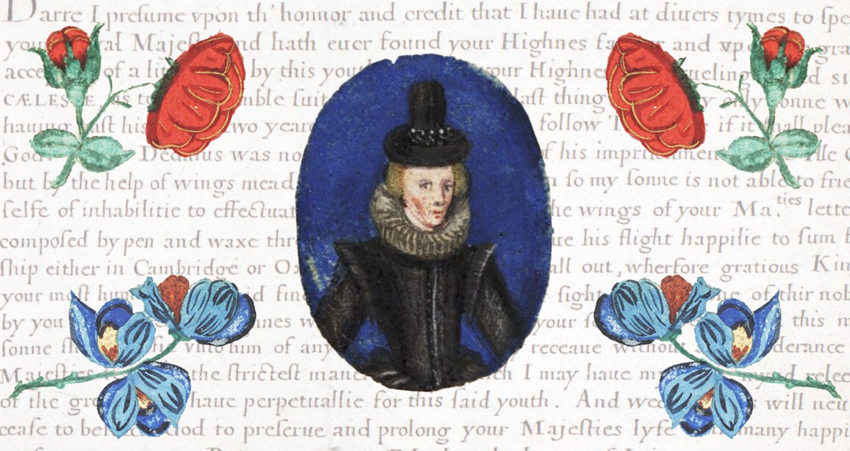 A painted self portrait of Esther Inglis with painted flowers in the corners over a background of text.