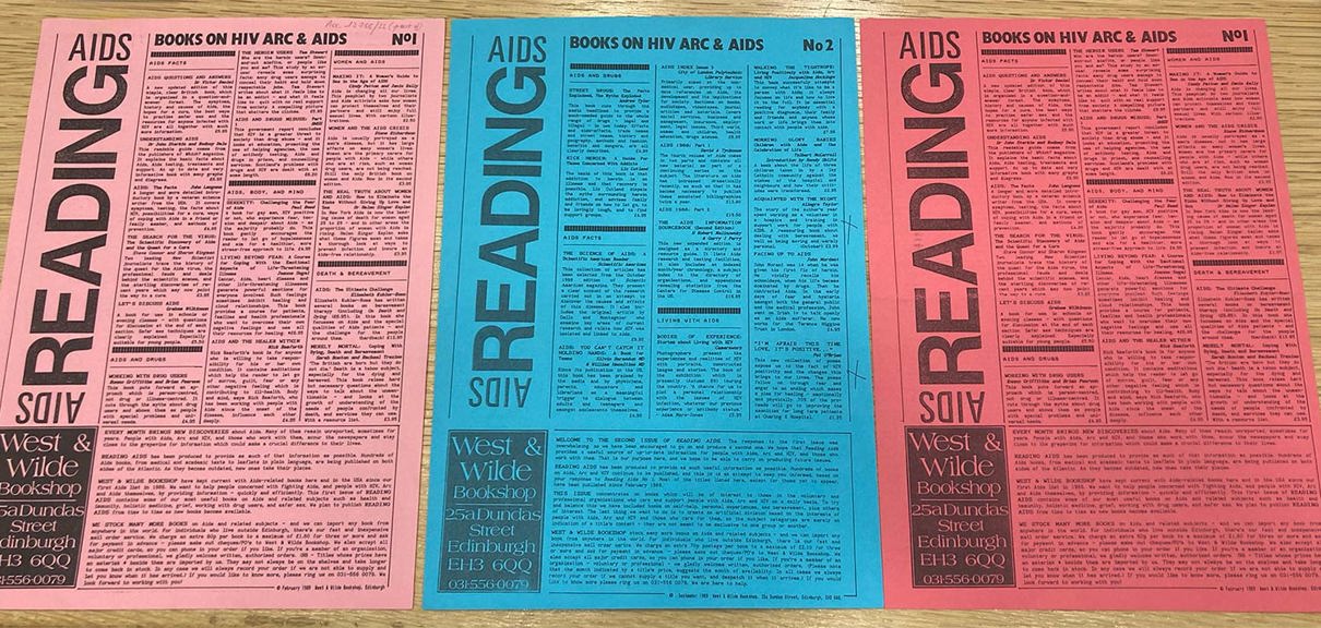 Three flyers titled 'READINGS AIDS' with the subtitle 'BOOKS ON HIV ARC & AIDS.' The flyers are in red, blue, and red colors, and each contains detailed text about books related to HIV, ARC, and AIDS. The full text is not fully legible in the image.