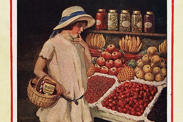 An advert for Bird's Custard. It is a drawing of a girl looking at fruit in a market. The text says: "The best fruits taste better with Bird's Custard. Notice: Bird's custard goes like summer cream with stewed, tinned, or bottled fruits".