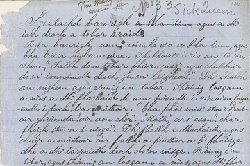 A blue handwritten manuscript page in Gaelic