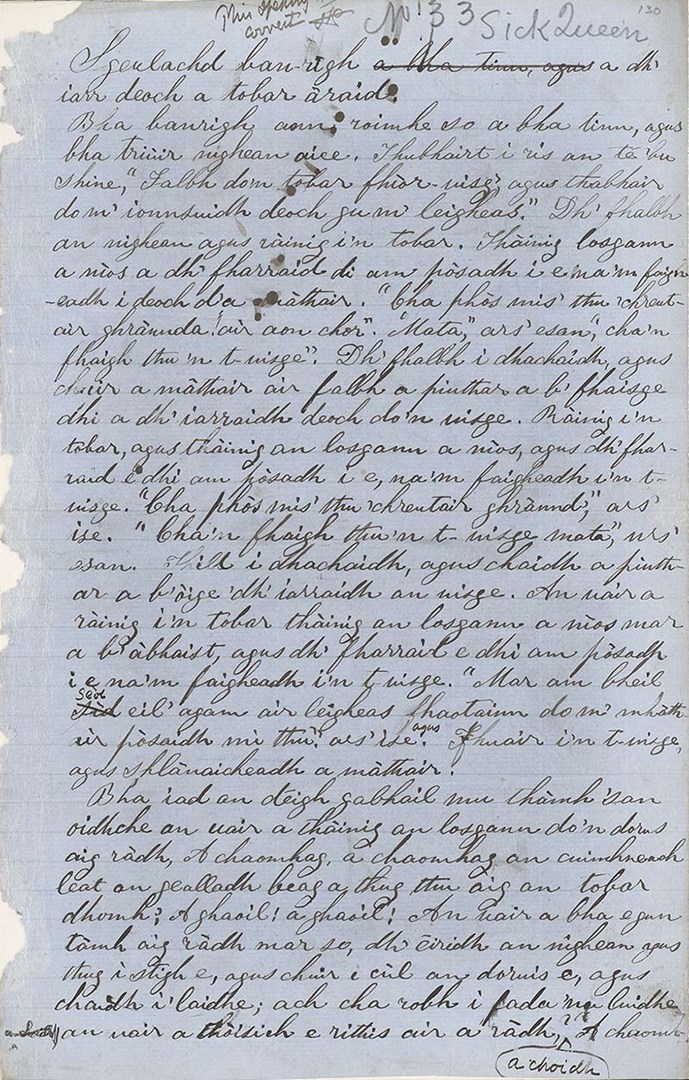 A blue handwritten manuscript page in Gaelic
