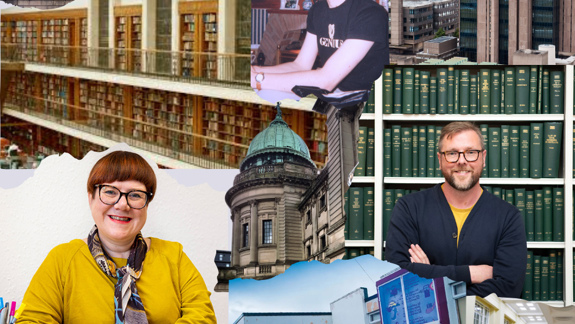 Louise Welsh and Damian Barr with a background of images of different libraries.