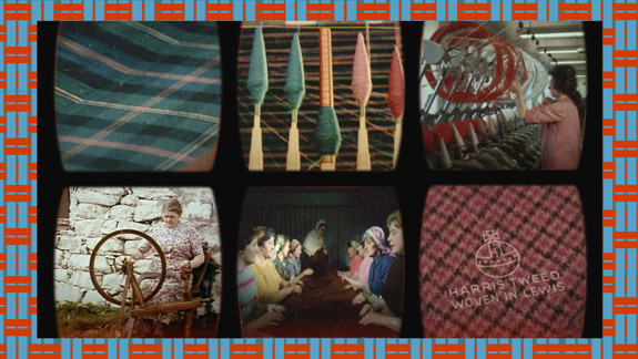 Six archive film stills showing different aspects of textile production.