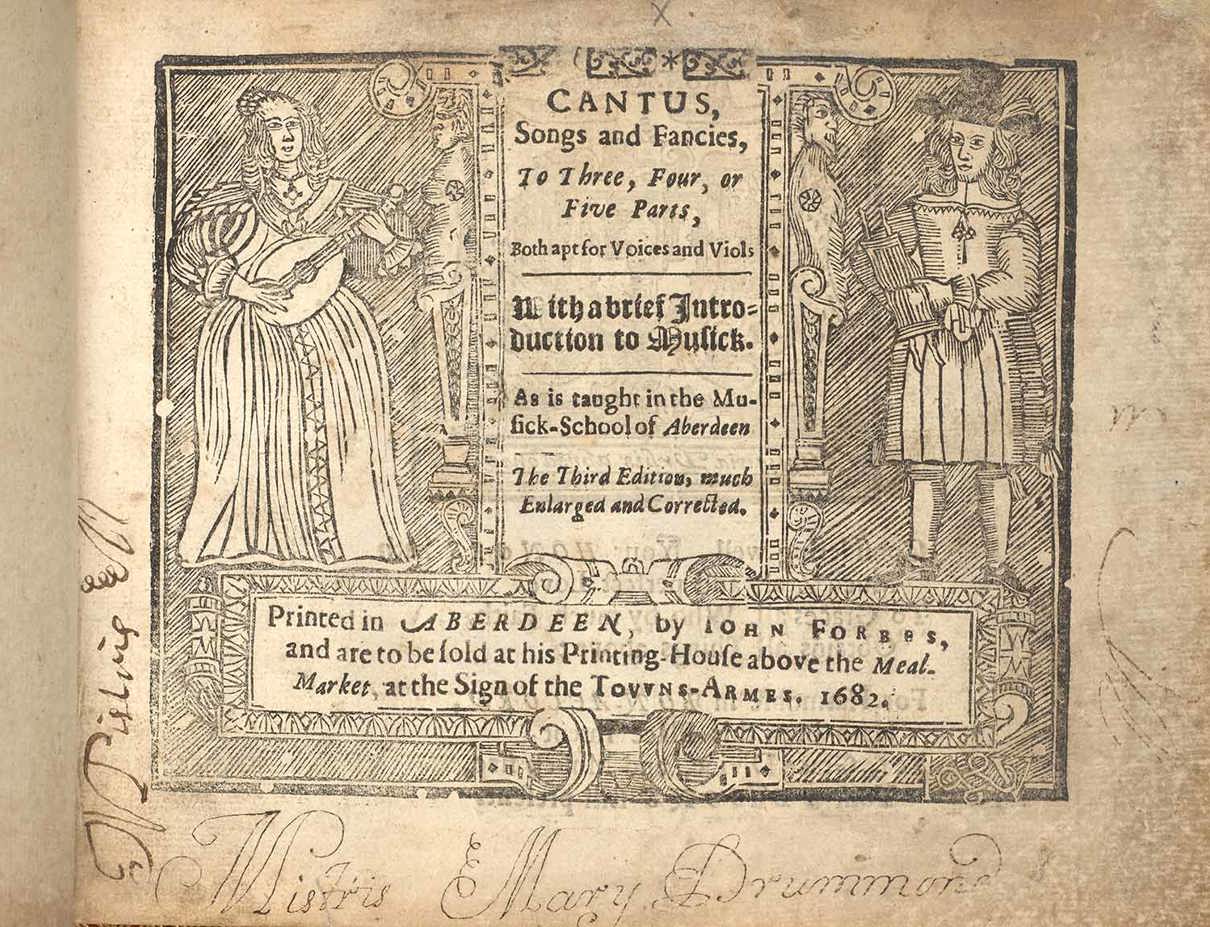 An old printed page titled "CANTUS, Songs and Fancies," with illustrations of a woman playing a stringed instrument and a man holding a book, with handwritten notes in the margins.