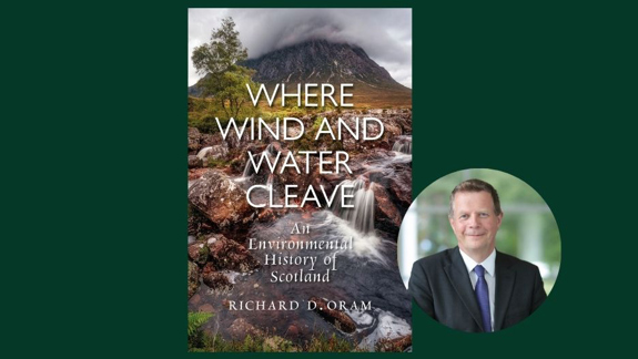 Book cover for 'Where Wind and Water Cleave', and portrait of Richard D. Oram.
