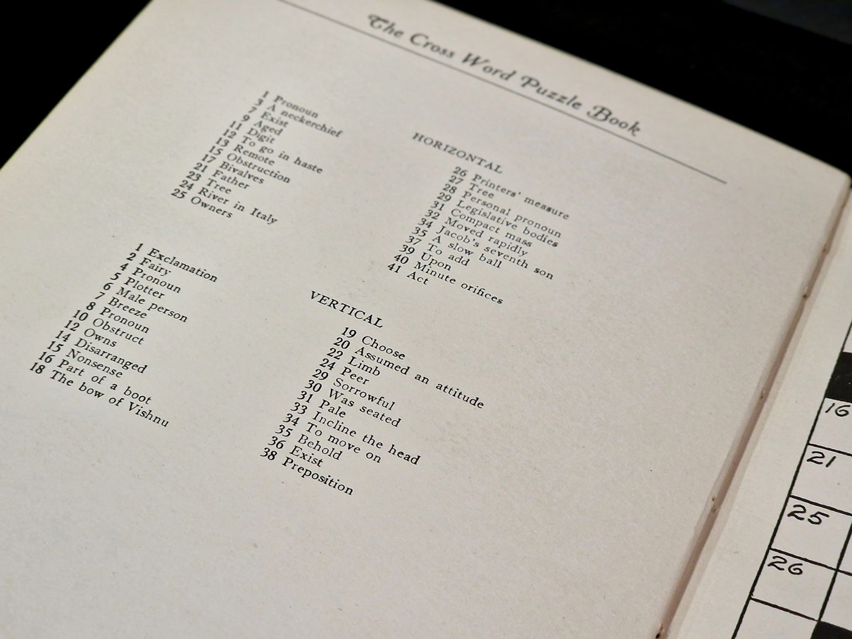 Close-up of a page from the crossword book showing a dozen different clues.