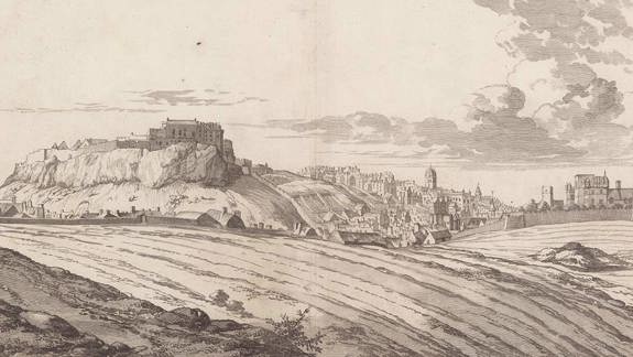 Historic drawing of a castle sitting on top of a hill, a city to the right and open fields in the foreground.