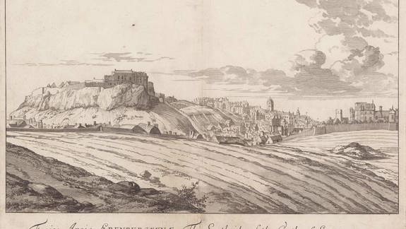 Historic drawing of a castle sitting on top of a hill, a city to the right and open fields in the foreground.