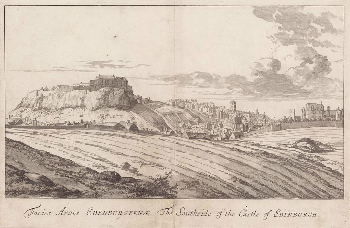 Historic drawing of a castle sitting on top of a hill, a city to the right and open fields in the foreground.