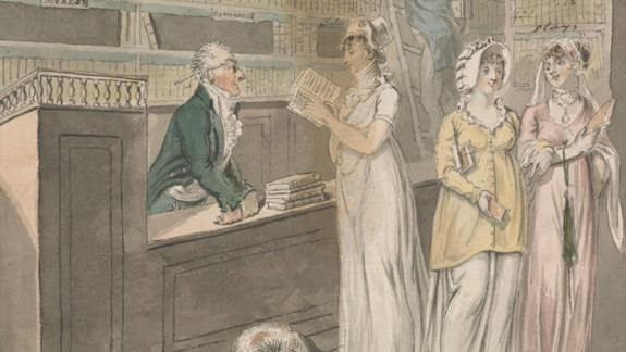 A watercolour painting of people a lending library between 1800 and 1811.