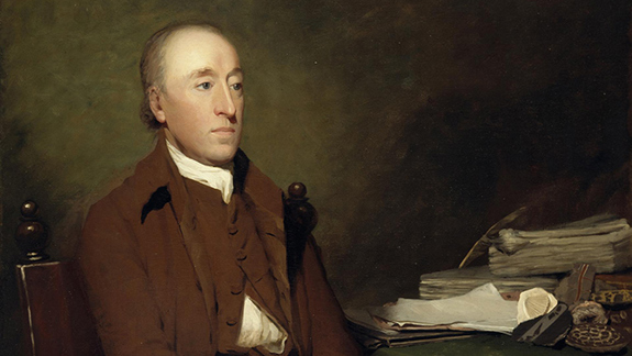 A painting of Sir Henry Raeburn sitting at a table covered in papers.