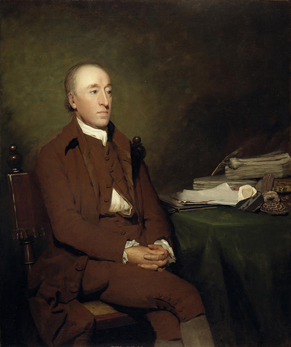 A painting of Sir Henry Raeburn sitting at a table covered in papers.