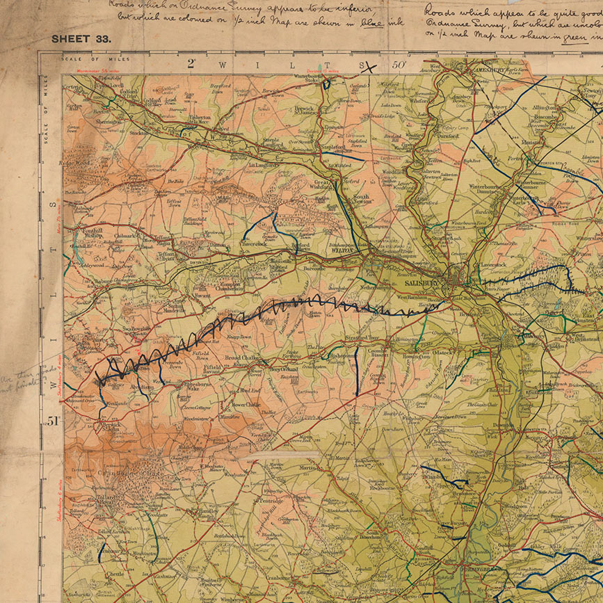 A coloured map of New Forest and the Isle of Wight with some annotations on it.