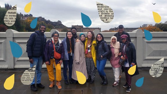 A group of people standing outside in Edinburgh with a collage of raindrops superimposed on top.