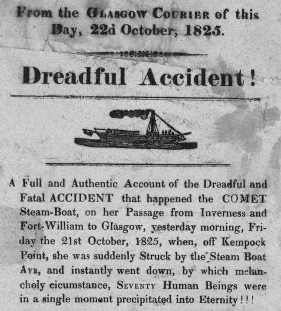 Printed broadside from the Glasgow Courier dated October 22, 1825, reporting a tragic steam-boat accident involving the Comet, which sank after a collision near Kempock Point, resulting in the loss of seventy lives.