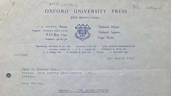 A typed letter from Cannon to John Murray dated 1963 about the book 'The Ochre People'.