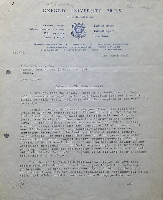 A typed letter from Cannon to John Murray dated 1963 about the book 'The Ochre People'.