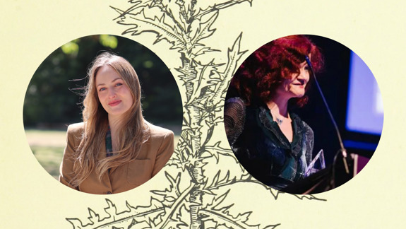 Lois Burke and Sarah Dunnigan overlayed atop a drawing of a thistle.