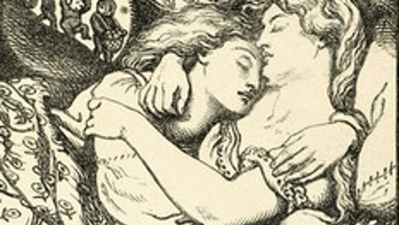 An intricate black and white illustration depicting two figures with long hair embracing each other. The background features detailed patterns and designs. The text at the bottom reads, 'Golden head by golden head.'