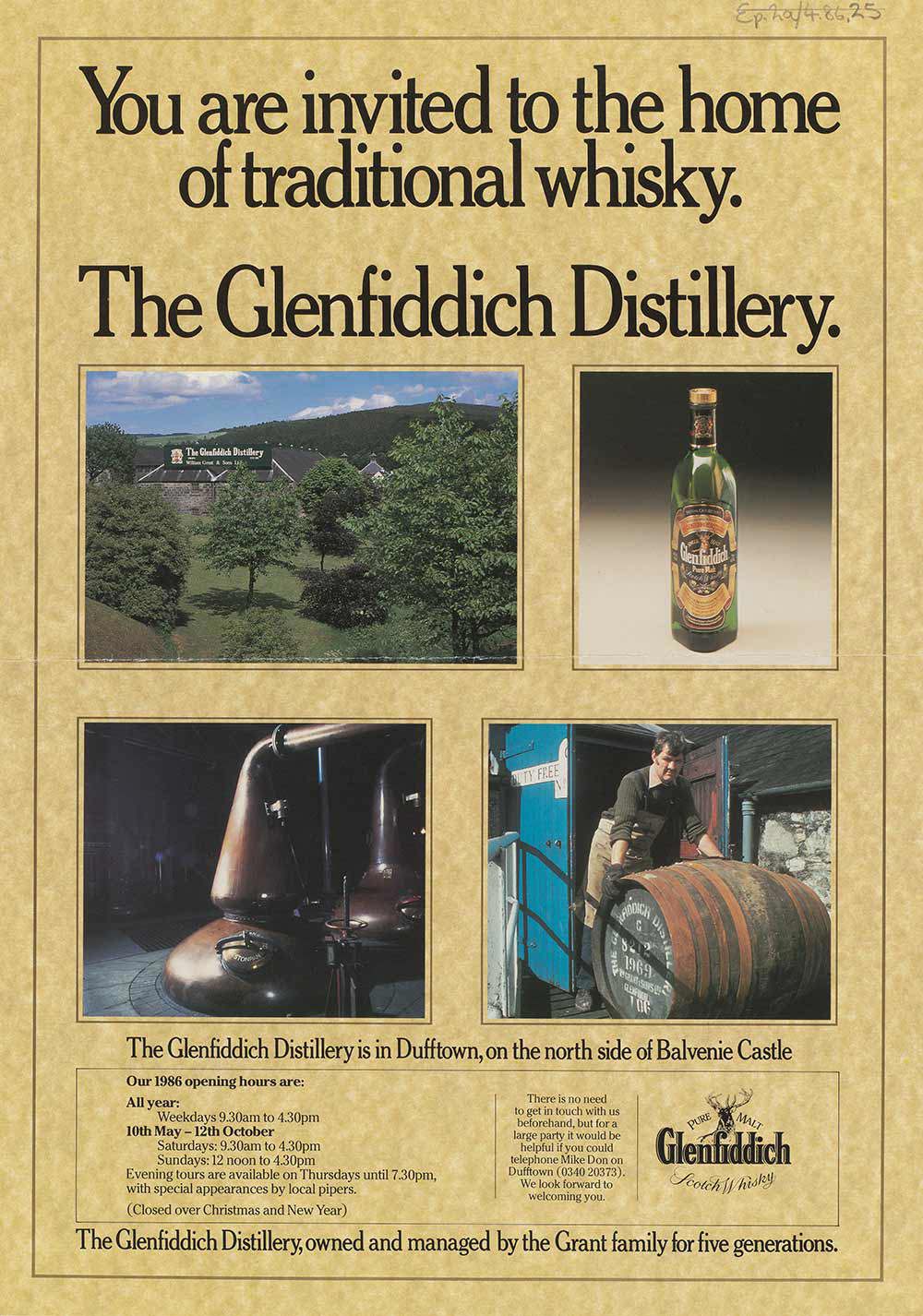 A poster displaying four images, including a picture of the distillery, a picture of a Glenfiddich whisky bottle, one of large copper pot stills, and a man rolling a whisky barrell.