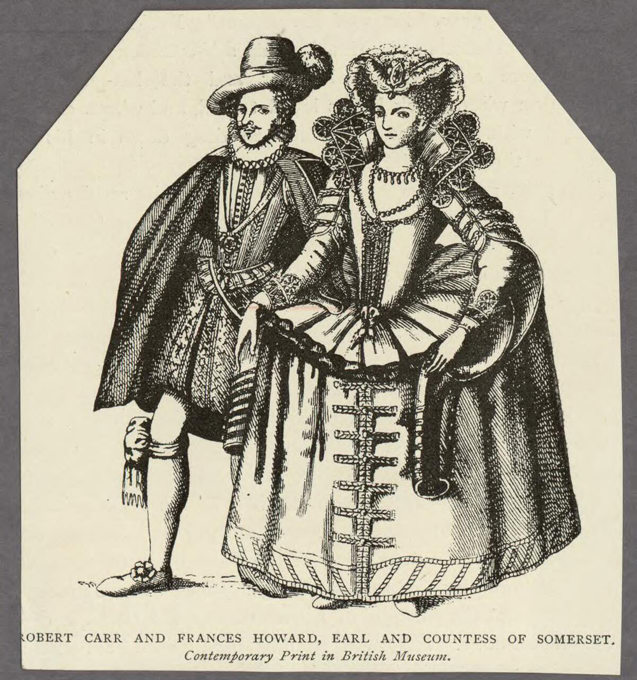 A monochrome print of a man and a women standing next to each other wearing 16th century clothing.