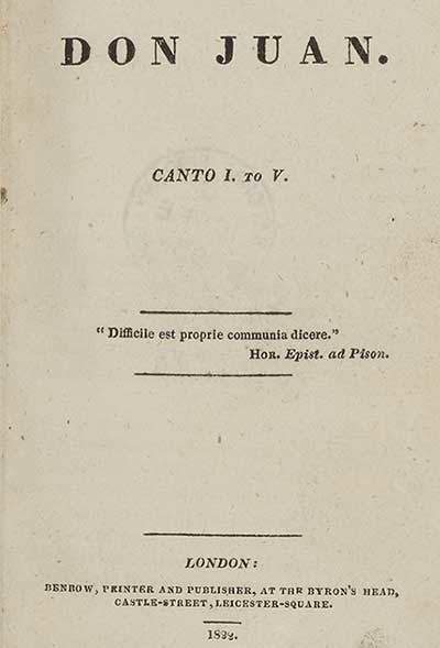 Title page of the book 'Don Juan, Canto I to V,' featuring a Latin epigraph from Horace. Published in London by Benbow at the Byron's Head, 1839.