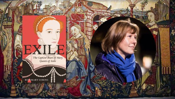 Rosemary Goring on one side and on the other the book cover for "Exile". There is a medieval painting in the background.