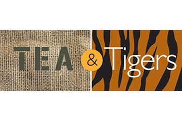 Logo of two sides. On the left is written "Tea" with a woven sack background. And on the right is written "Tigers" on a tiger stripe background.