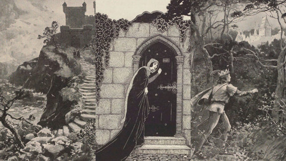 Triptych of castle, cloaked figure, and regal person in woods.