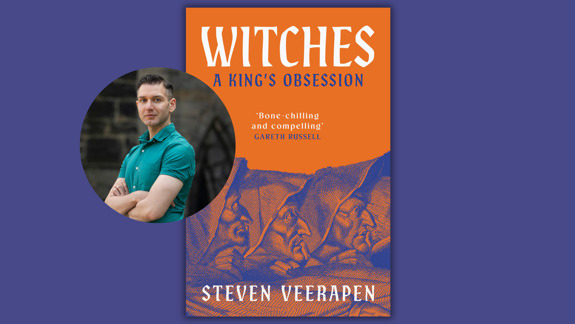 Book cover for 'Witches: A King's obsession' and a photo of the author Steven Veerapen.