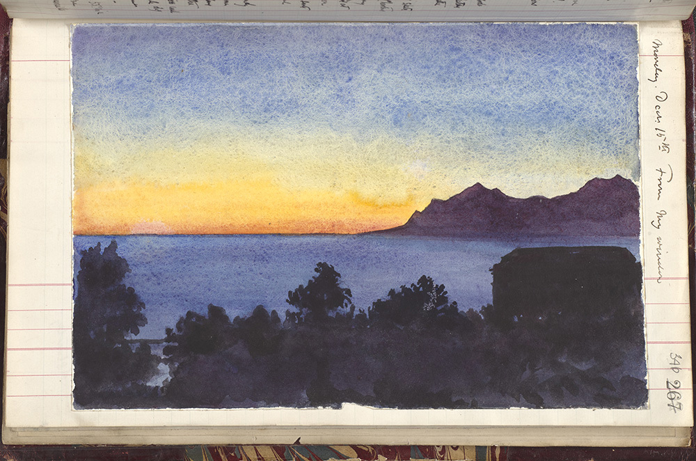 A landscape watercolour of a sunset over the sea.