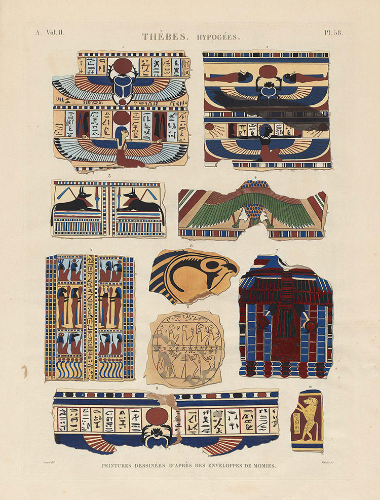 Colourful painted fragments decorated with winged figures, hieroglyphs, geometric patterns and architectural motifs arranged across a page.