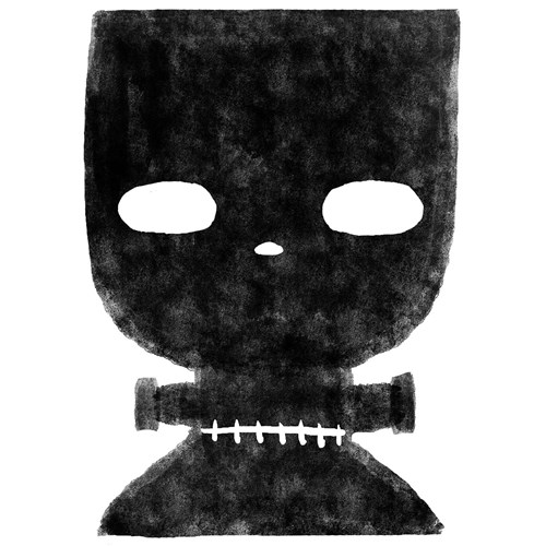 Black illustration of a simplified Frankestein's monster.