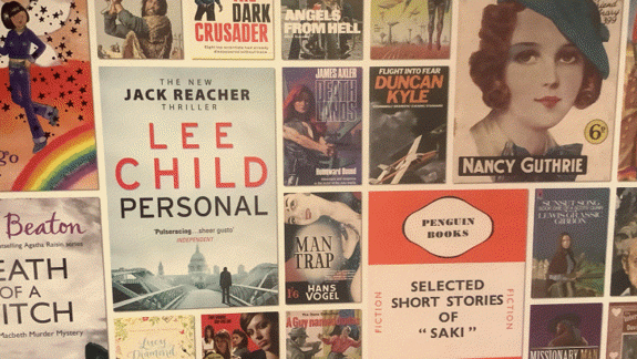 A collage showing the book covers of many books. These include 'Personal' by Lee Child, 'Death Lands' by James Axler, and 'Man Trap' by Hans Vogel.