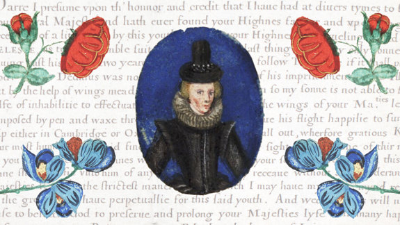 A painted self portrait of Esther Inglis with painted flowers in the corners over a background of text.
