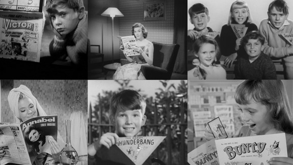 Montage of six black and white stills from adverts from the 50s and 60s.