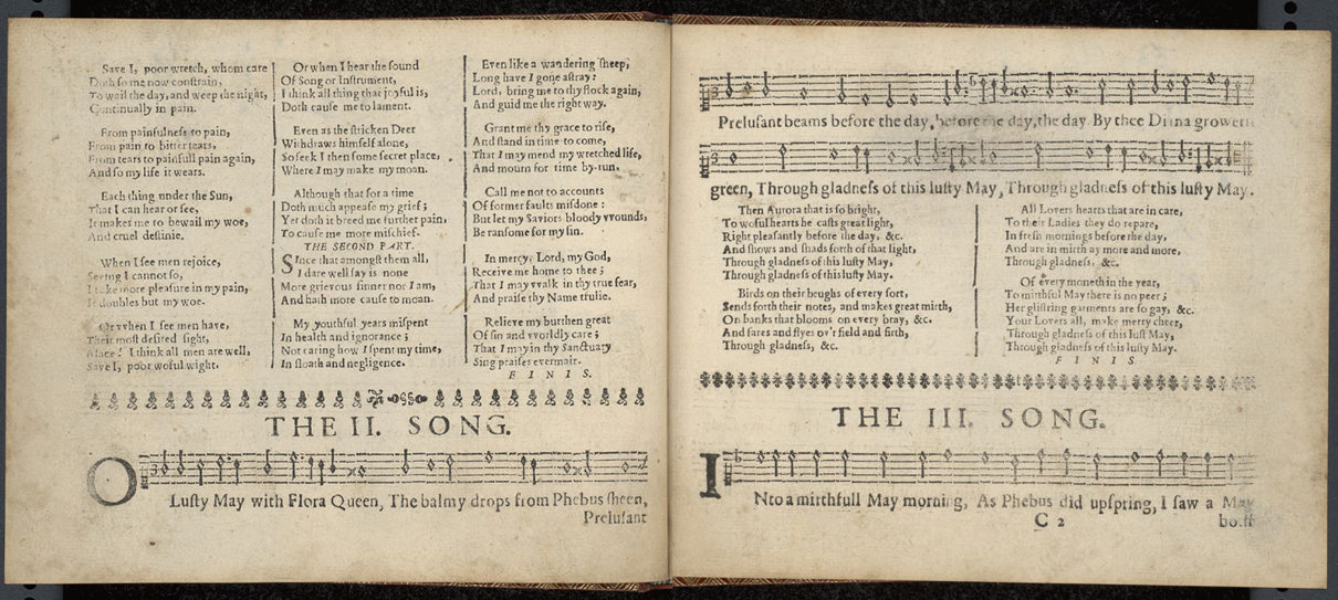 Two-page spread from a historical songbook featuring poetic verses and musical notation, with themes of sorrow, repentance, and springtime joy.