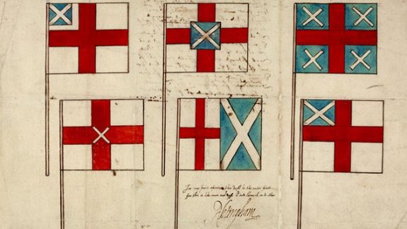 Six historical red, white, and blue flag designs arranged in two rows, with handwritten notes.