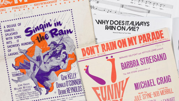 A collage of music about rain including from 'Singin' in the Rain', and 'Don't Rain on my Parade'.