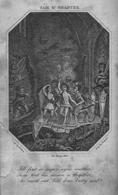An illustration titled "Tam o' Shanter" depicting a lively and chaotic indoor scene. Several figures are dancing or moving energetically, with one raising an arm. Architectural elements like arches and walls frame the background, and lightning bolts are visible on the left. A caption at the bottom quotes a line from the poem: "Till first ae caper, syne anither, Tam tint his reason a' thegither, An' roars out, 'Weel done, Cutty sark!'"