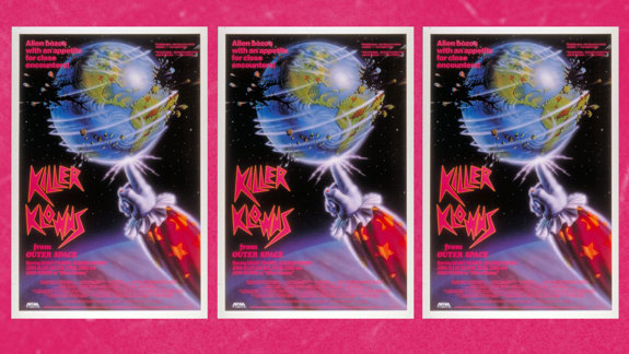 Three identical Killer Klowns movie posters with a cartoon white clown hand zapping a globe in outer space.