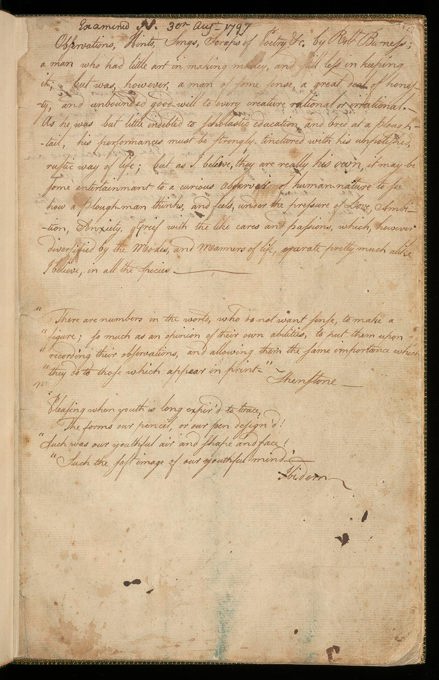 A handwritten page dated 30 August 1797, featuring philosophical reflections on happiness and human nature, with quotes from Thompson and Addison.