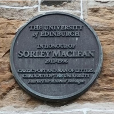 Three photos of plaques commemorating Gaelic writers- Donnachadh Ban Macintyre, George Campbell Hay and Sorley Maclean.