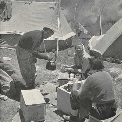 People gathered at a base camp