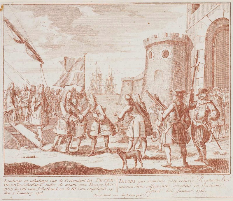 Illustration of men getting off a boat, and men standing to greet them at the stone entrance to the town.