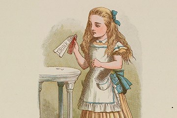 An illustration of Alice holding a bottle labelled "Drink me".