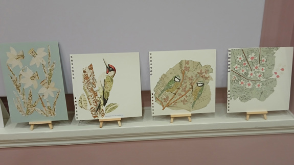 Four nature collages lined up showing flowers and birds.